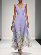 Women's Floral Flowing Formal Occasion Dress with V-Neck