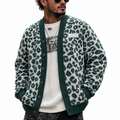 Men's Knit Leopard Print Cardigan Sweater with V-Neckline Button Front