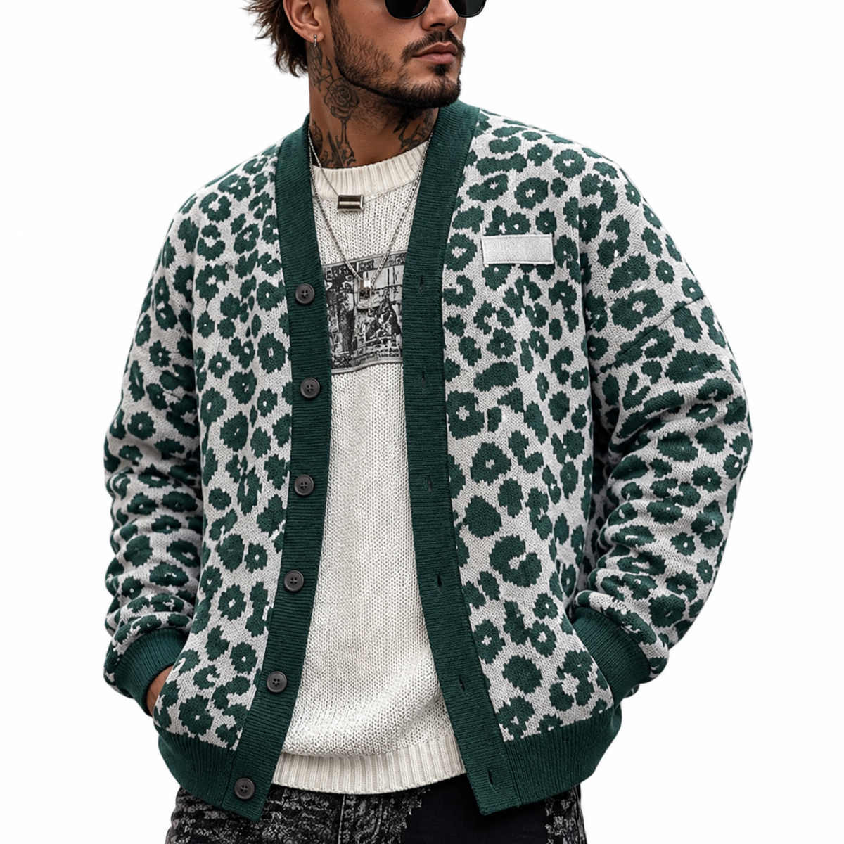 Men's Knit Leopard Print Cardigan Sweater with V-Neckline Button Front