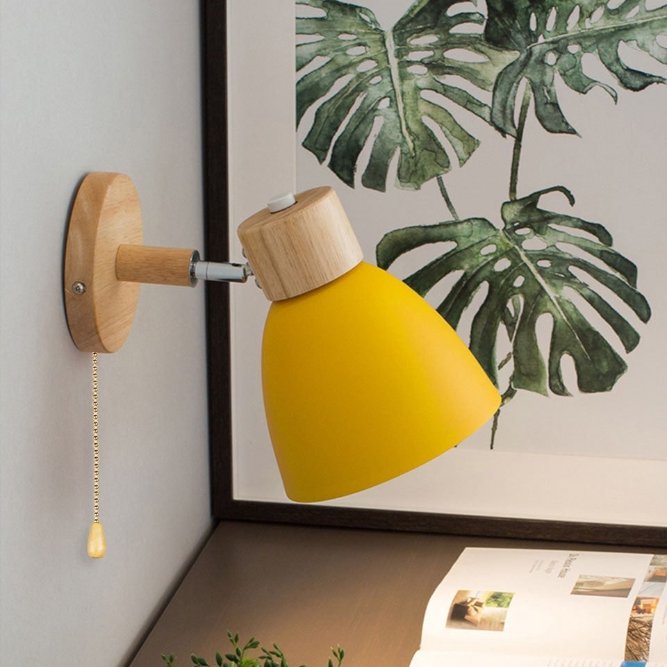 Adjustable Wall Sconce with Wooden Base and Swing Arm for Bedside Reading Light - Image 1