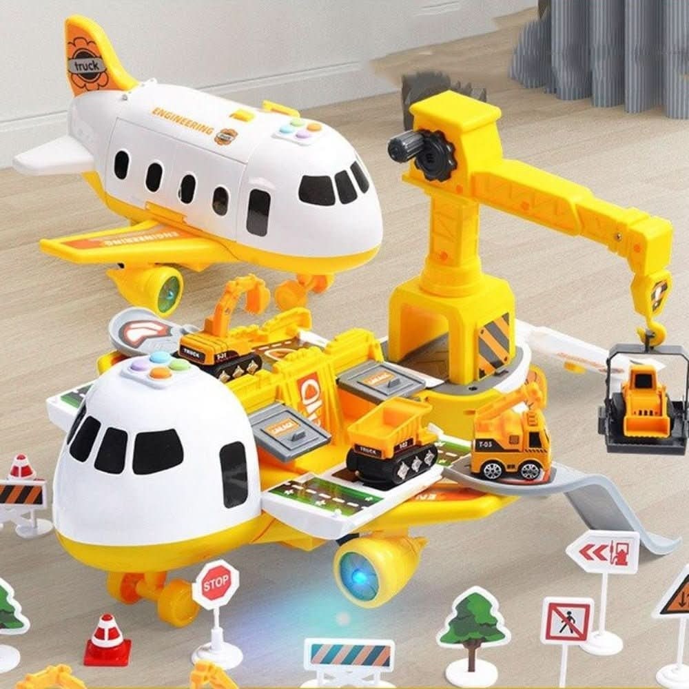 Airplane Toy Playset with Foldable Cargo Ramps Working Crane and Mini Vehicles - Image 3