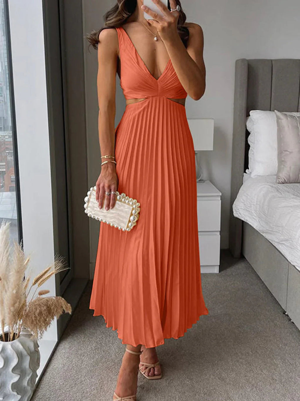 Alice | Abito Elegante Donna Plissettato Midi Arancione