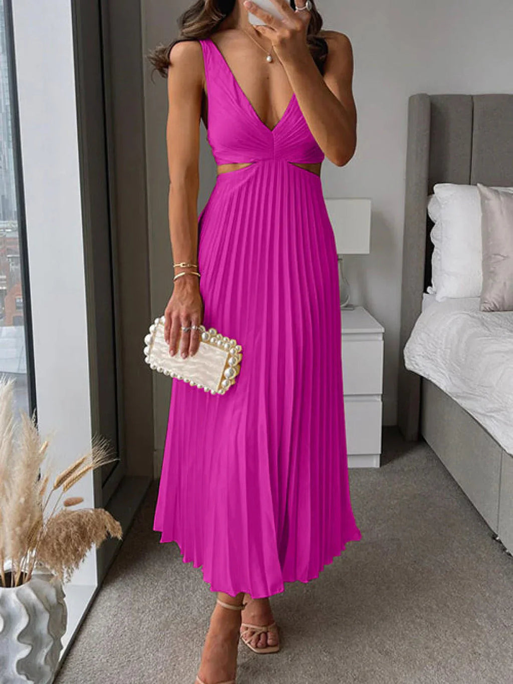 Alice | Abito Elegante Donna Plissettato Midi Rosa
