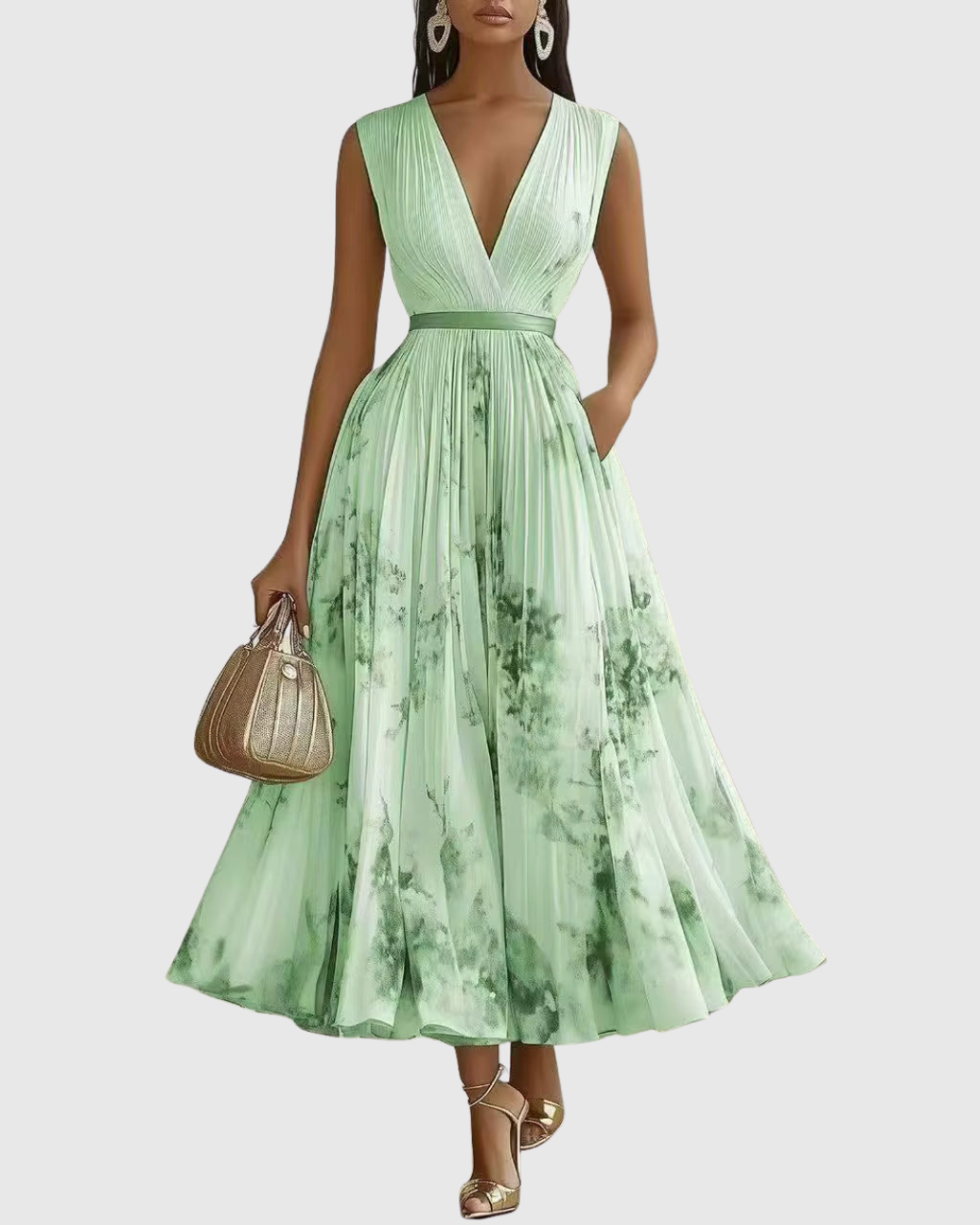 Allegra | Abito Lungo Donna Plissettato Scollo V Verde