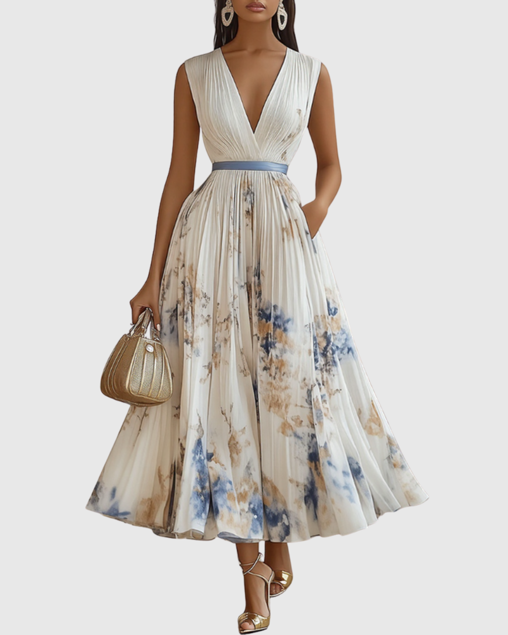 Allegra | Abito Lungo Donna Plissettato Scollo V Bianco