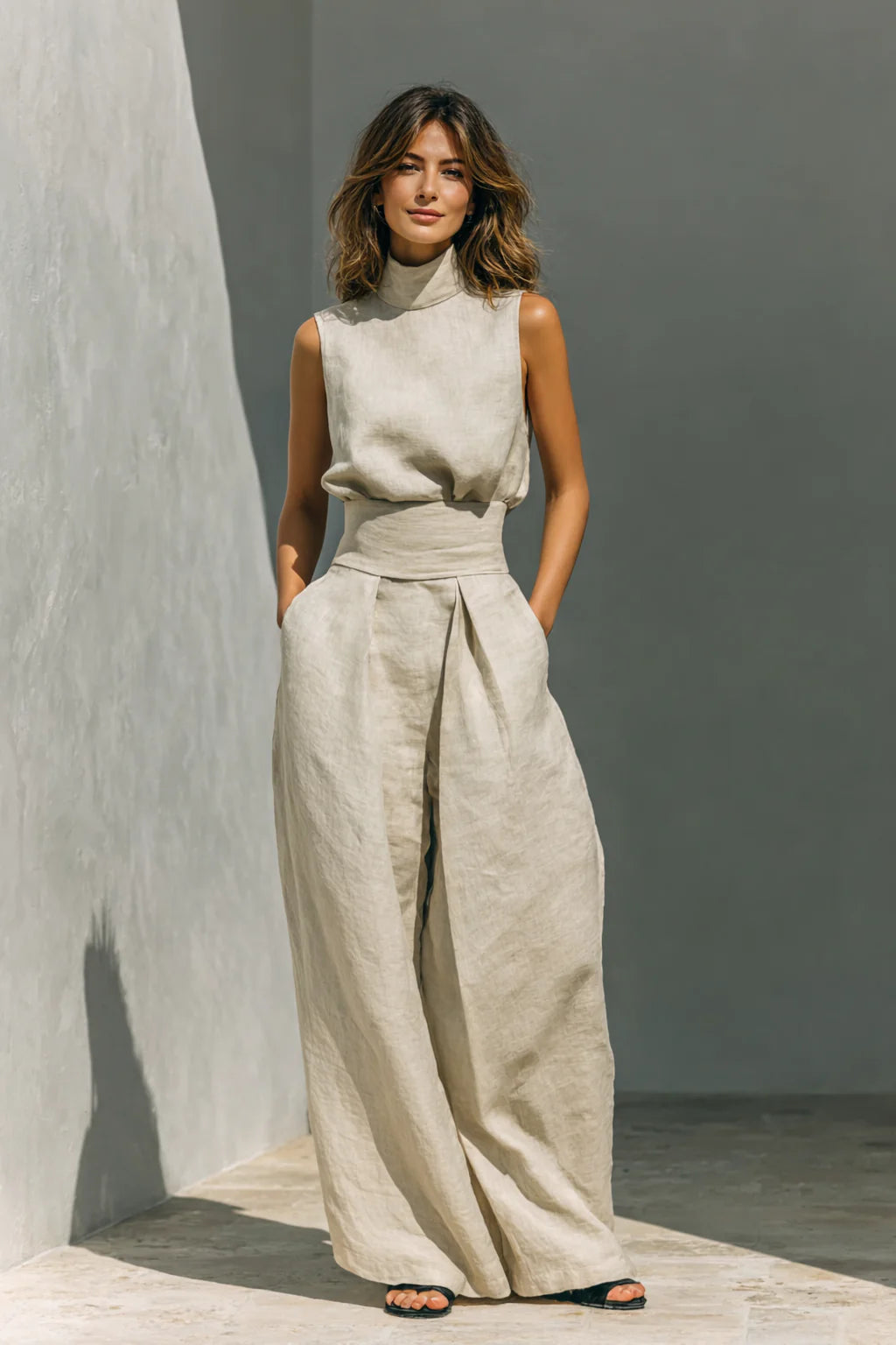 Allegra | Completo Donna Canotta Collo Alto Pantalone Largo Kaki