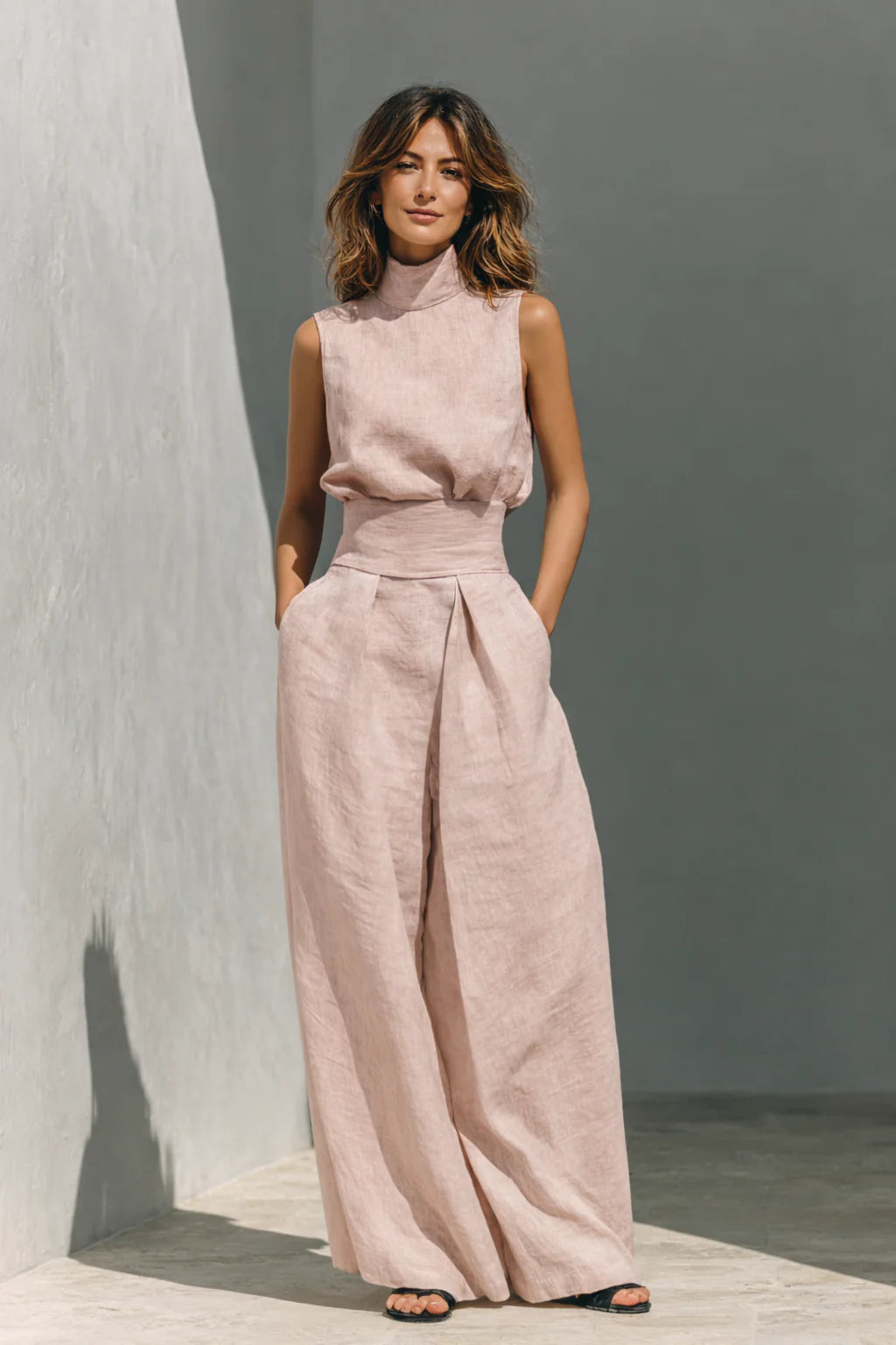 Allegra | Completo Donna Canotta Collo Alto Pantalone Largo Rosa Chiaro