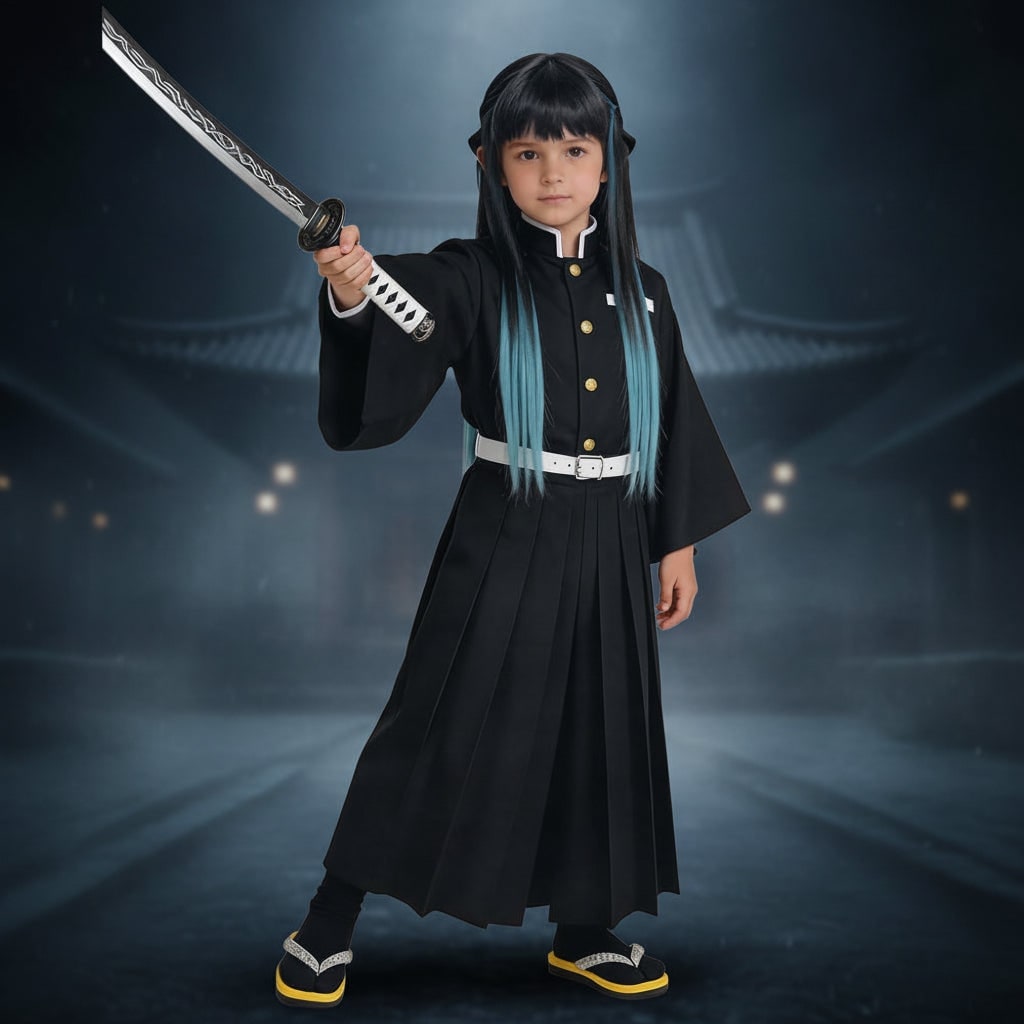 Anime Cosplay Costume with High Mandarin Collar Wide Flared Sleeves Black and Belt - Image 1