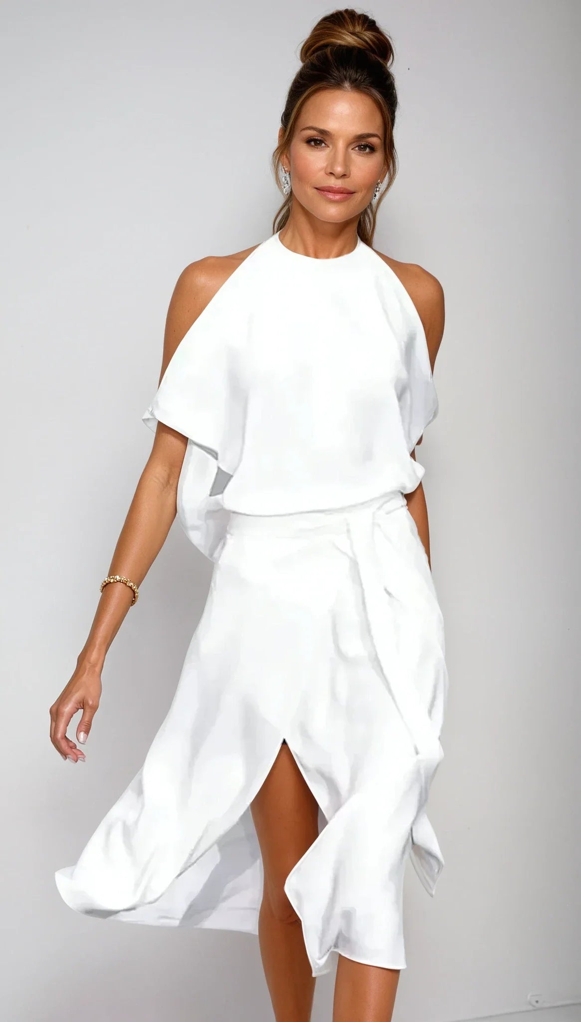 Anna | Vestito Midi Spalle Scoperte Asimmetrico Bianco