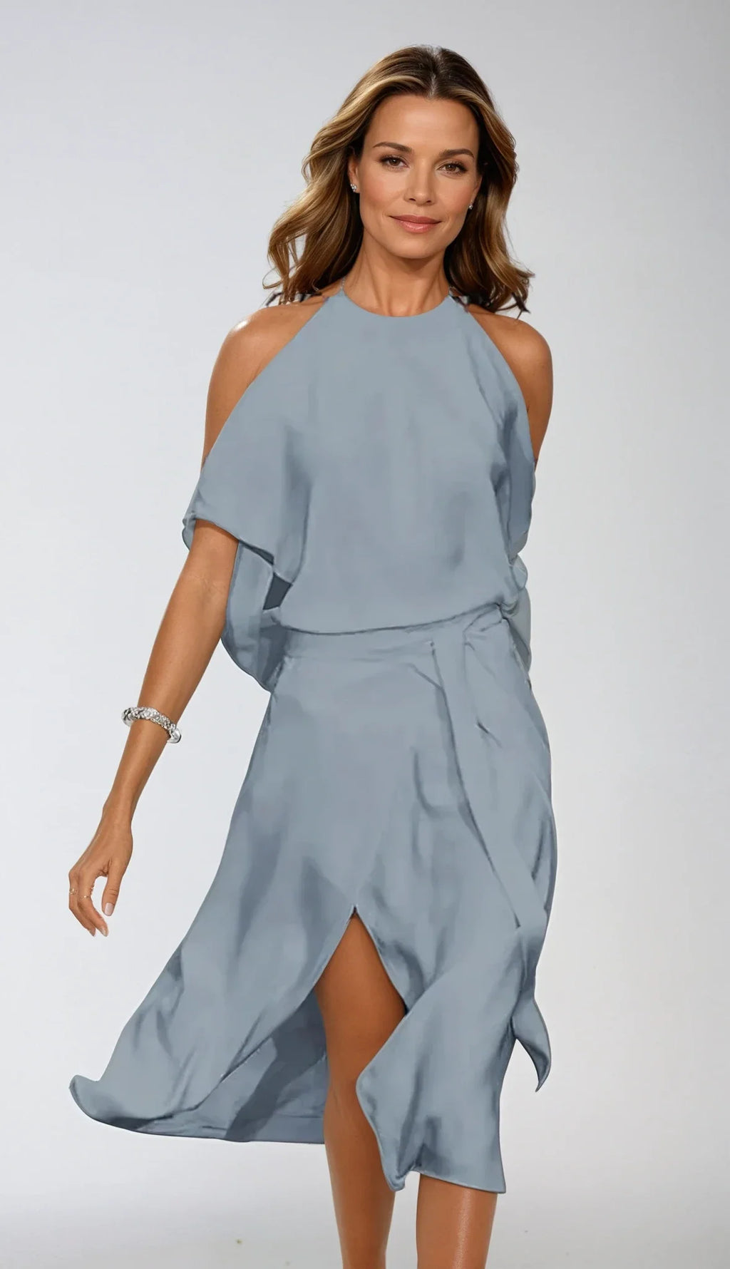 Anna | Vestito Midi Spalle Scoperte Asimmetrico Grigio