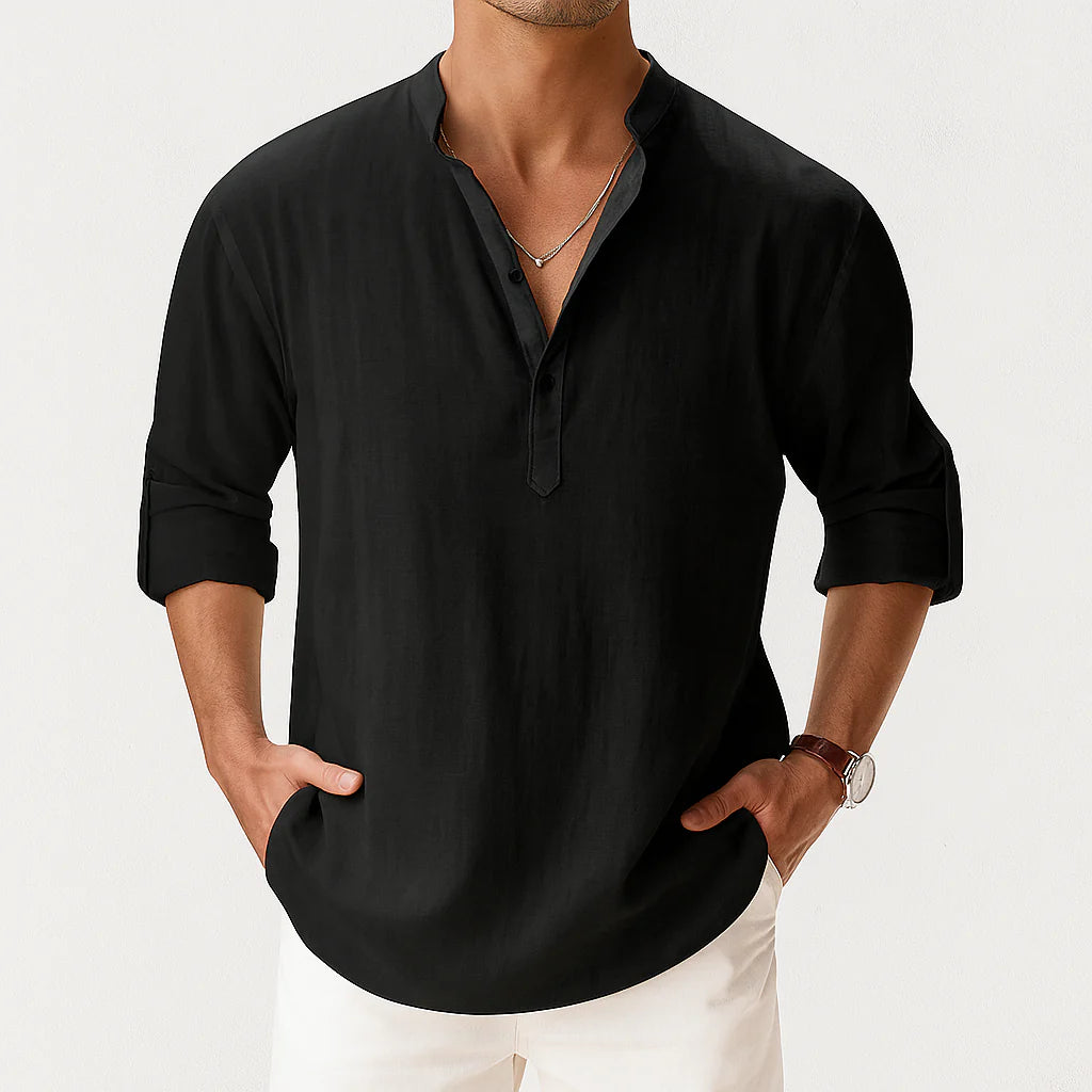 Antonio | Camicia Uomo Lino Collo Coreano Nero