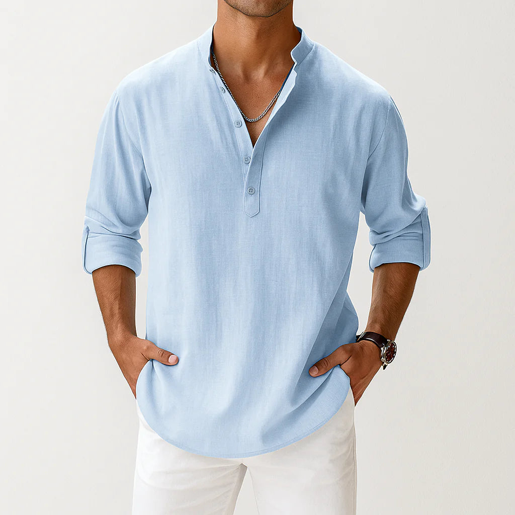 Antonio | Camicia Uomo Lino Collo Coreano Blu
