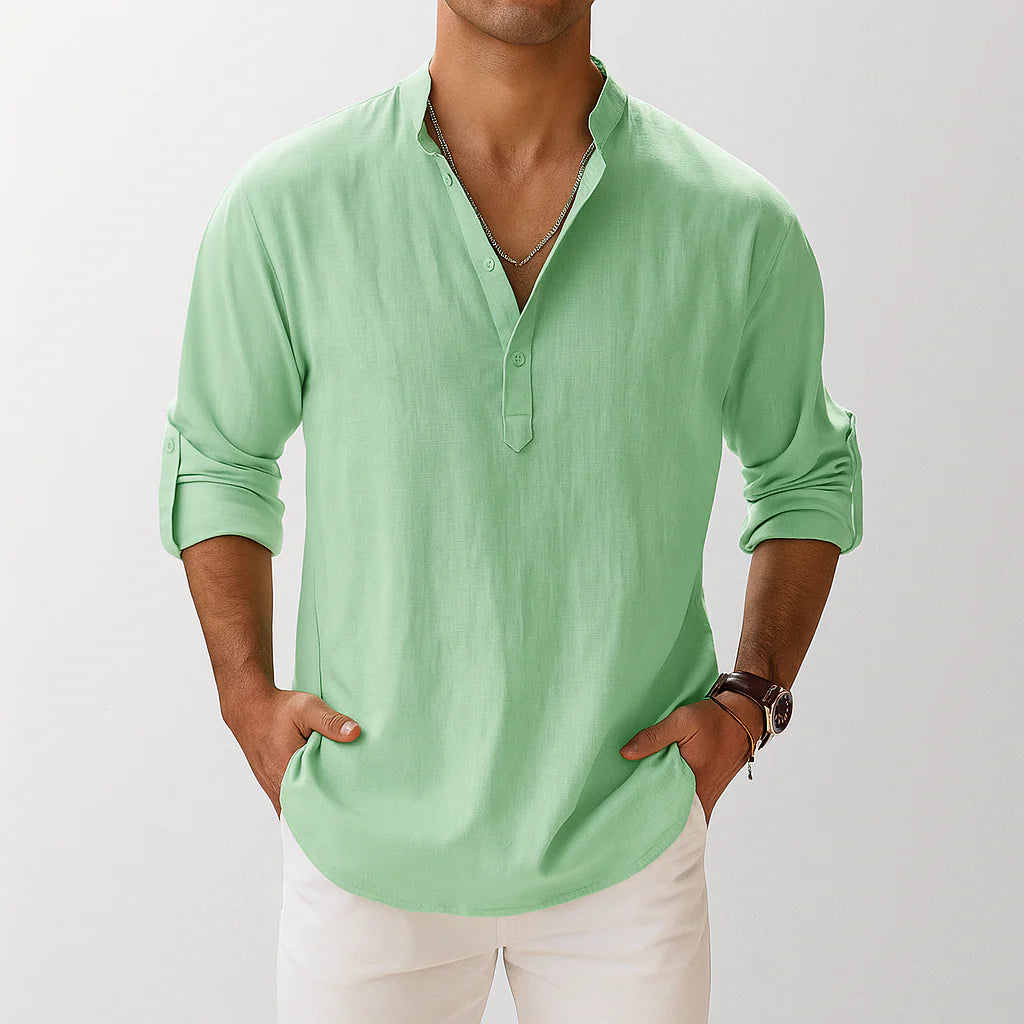 Antonio | Camicia Uomo Lino Collo Coreano Verde