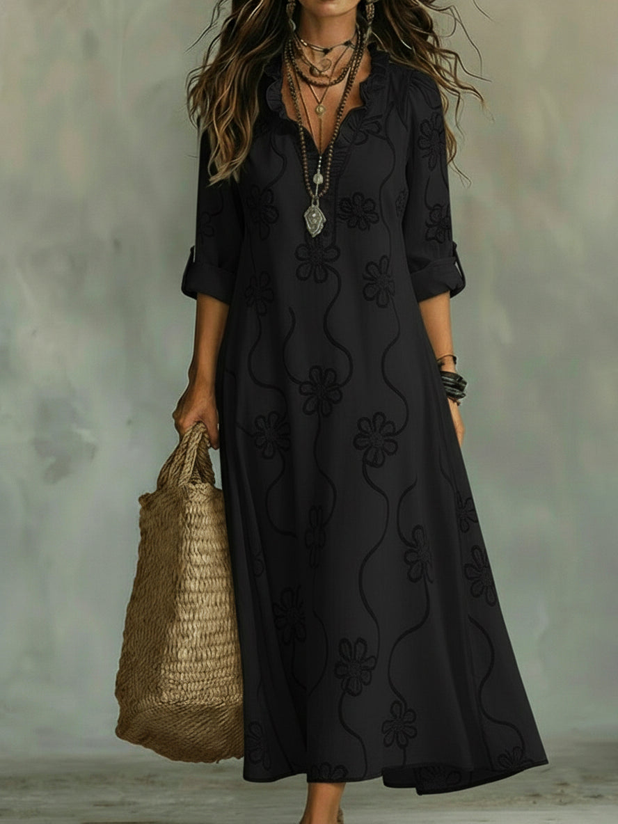 Aurora | Abito Donna Maxi Ricamo Floreale Nero