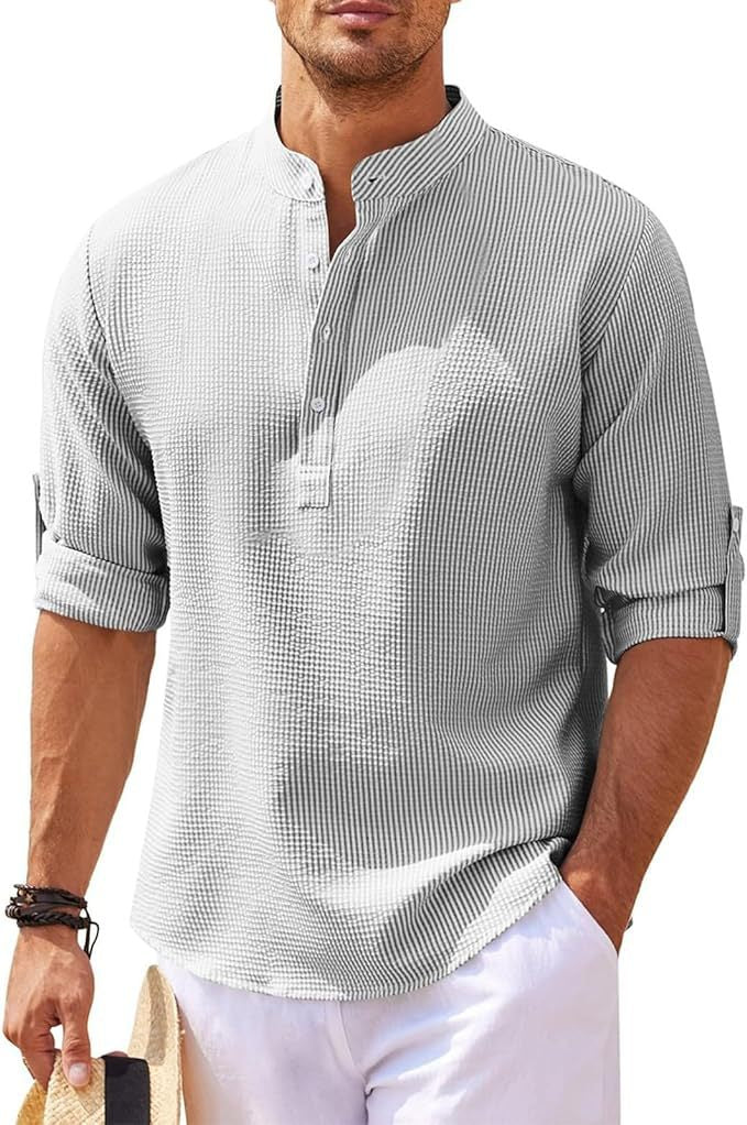Aurora | Camicia Uomo Collo Coreano Manica Lunga Grigio Chiaro