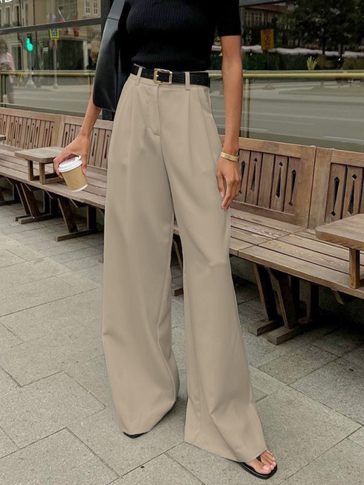 Aurora | Pantaloni Donna Palazzo Vita Alta Kaki