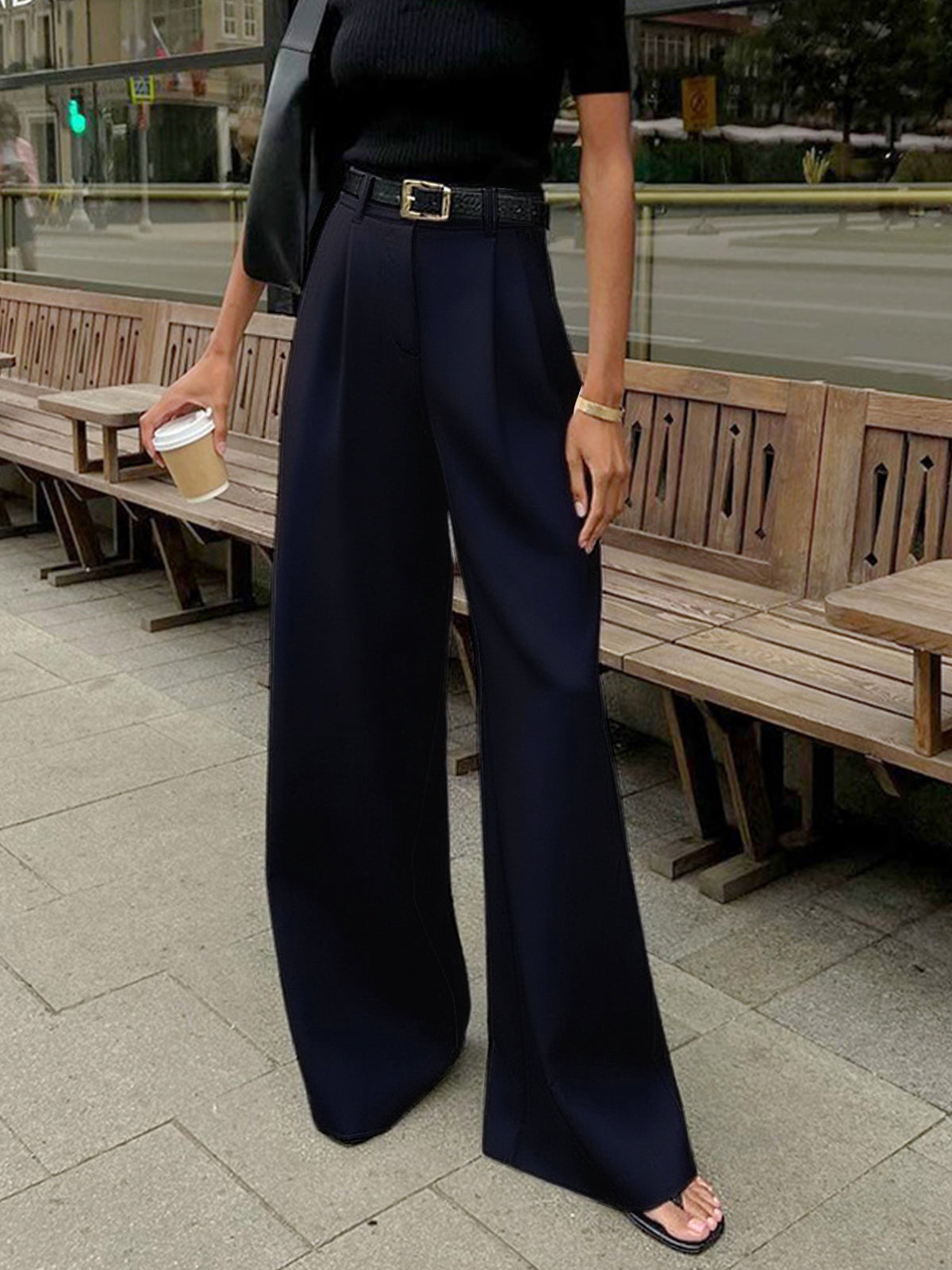 Aurora | Pantaloni Donna Palazzo Vita Alta Blu Scuro