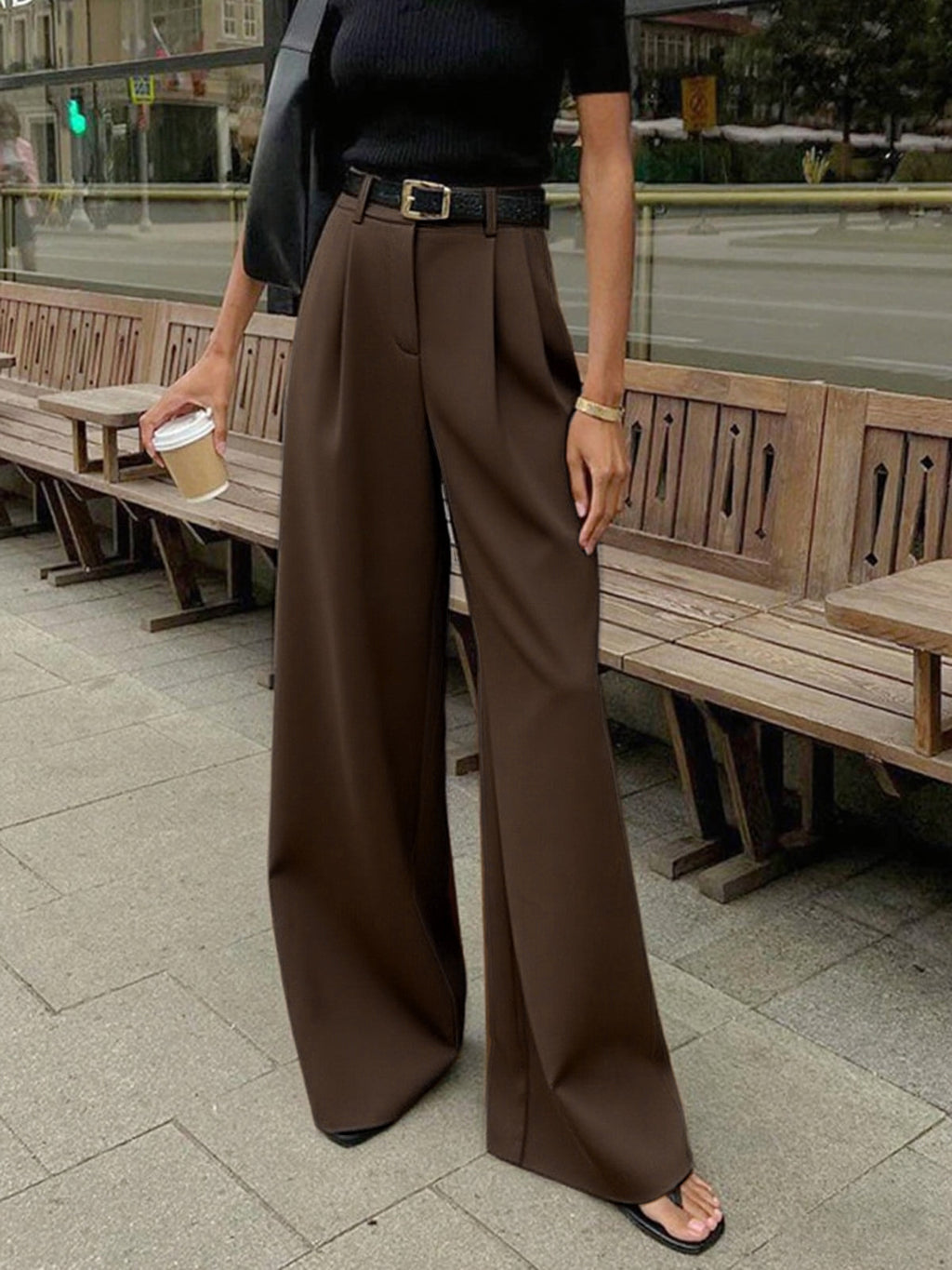 Aurora | Pantaloni Donna Palazzo Vita Alta Marrone Scuro