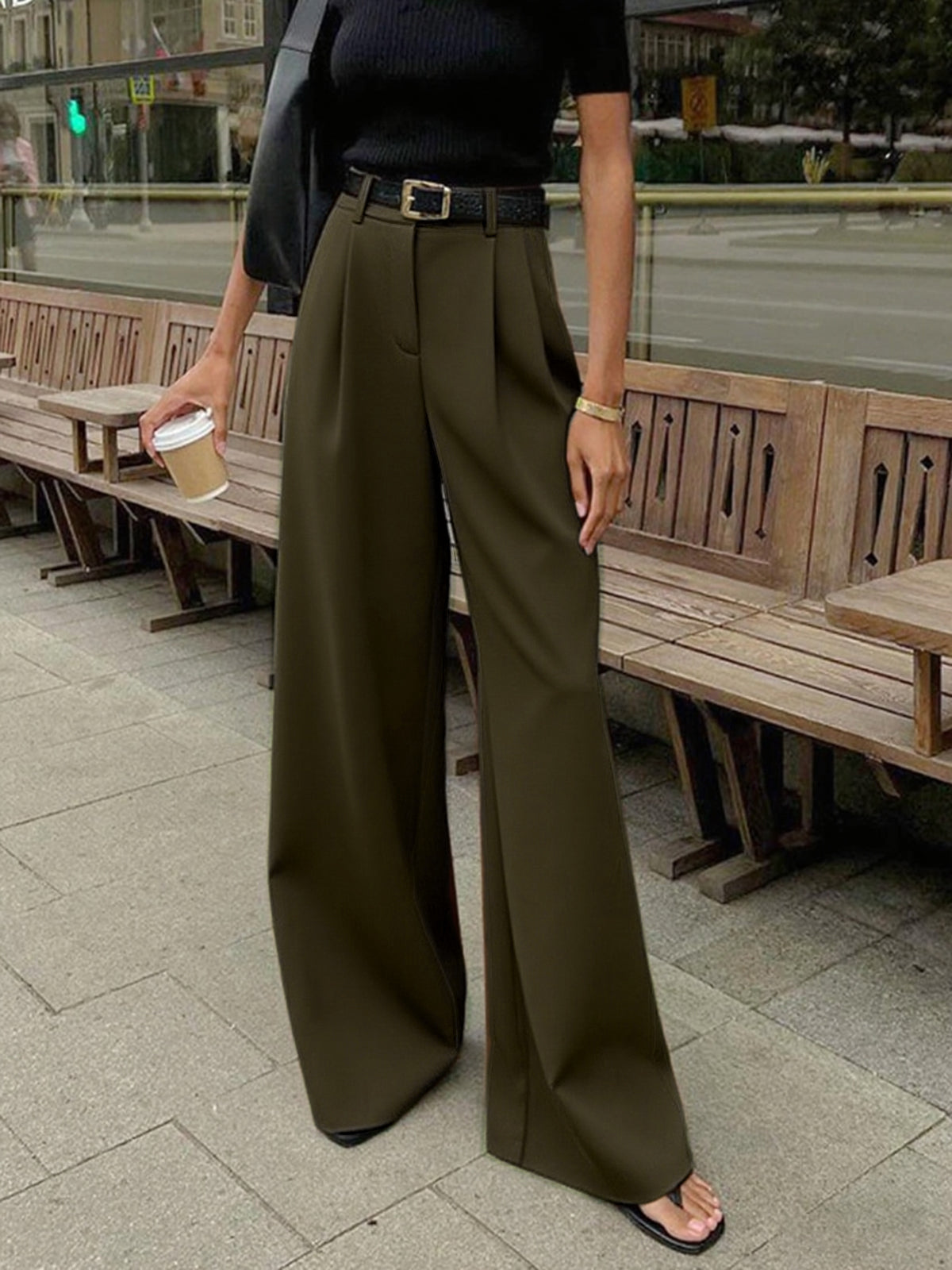 Aurora | Pantaloni Donna Palazzo Vita Alta Verde Militare