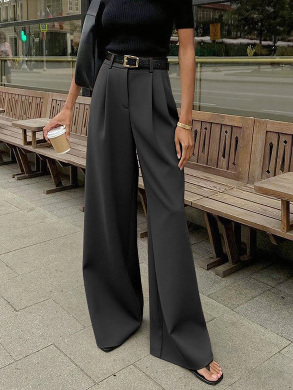 Aurora | Pantaloni Donna Palazzo Vita Alta Grigio
