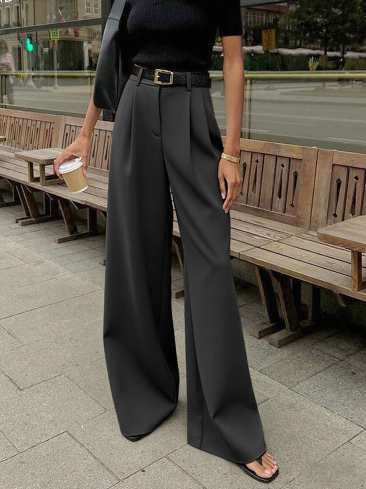 Aurora | Pantaloni Donna Palazzo Vita Alta Grigio