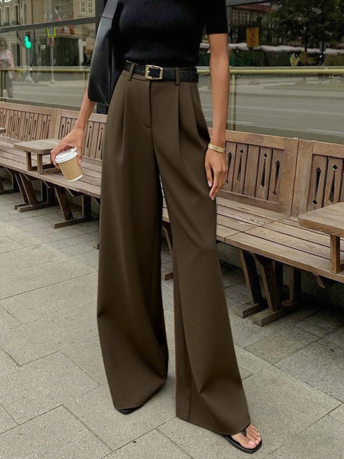 Aurora | Pantaloni Donna Palazzo Vita Alta Marrone Chiaro