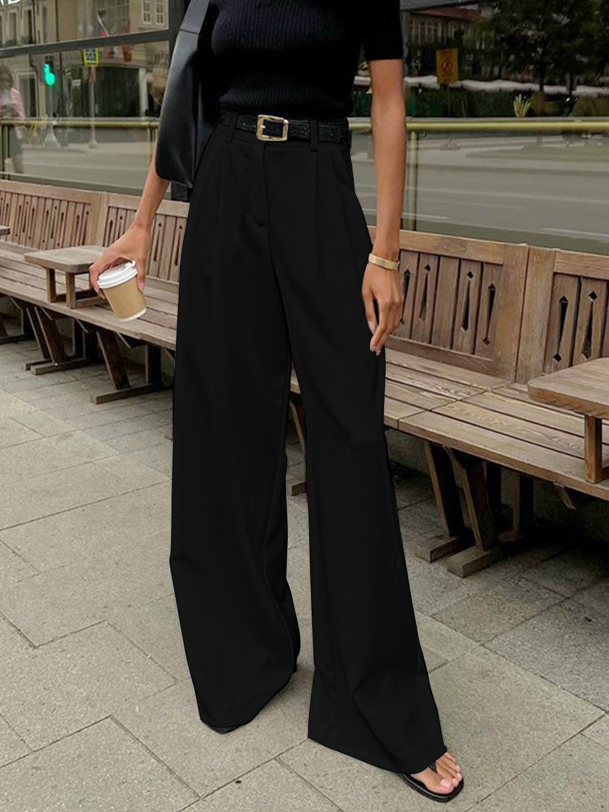 Aurora | Pantaloni Donna Palazzo Vita Alta Nero