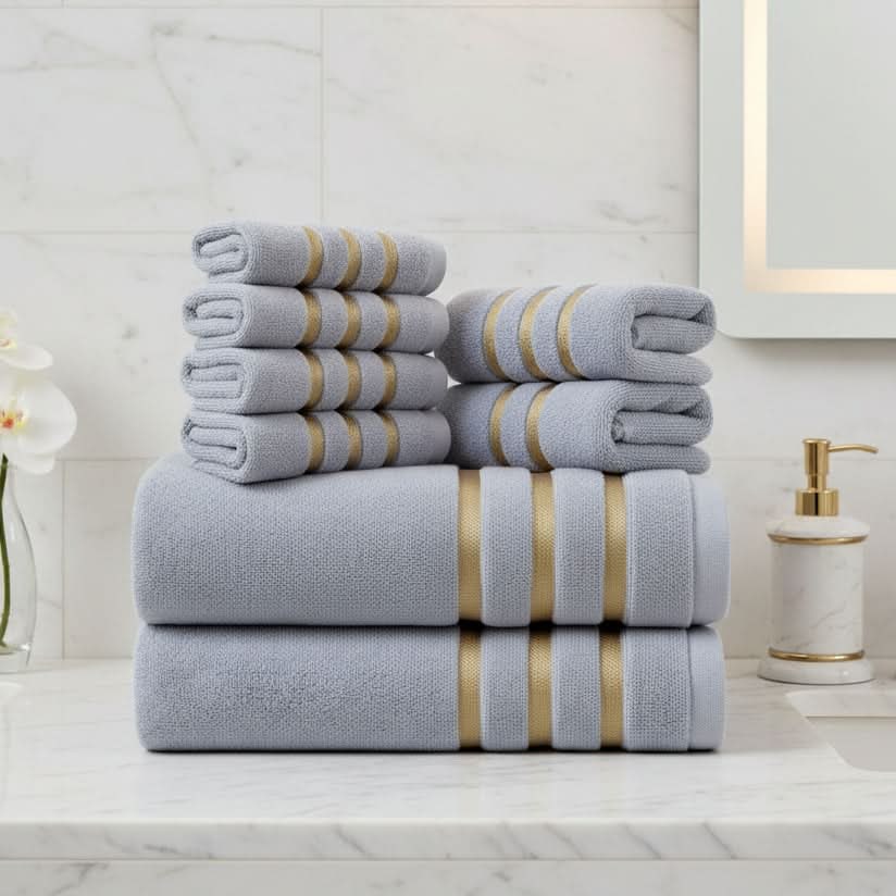 Bath Towel Set with Terry Cloth and Gold Woven Stripes 8-Piece - Image 1