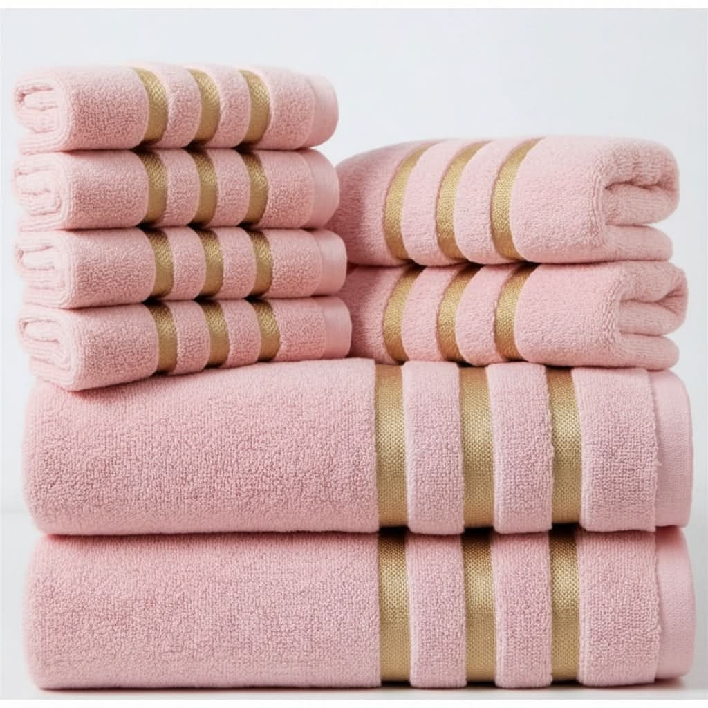 Bath Towel Set with Terry Cloth and Gold Woven Stripes 8-Piece - Image 5