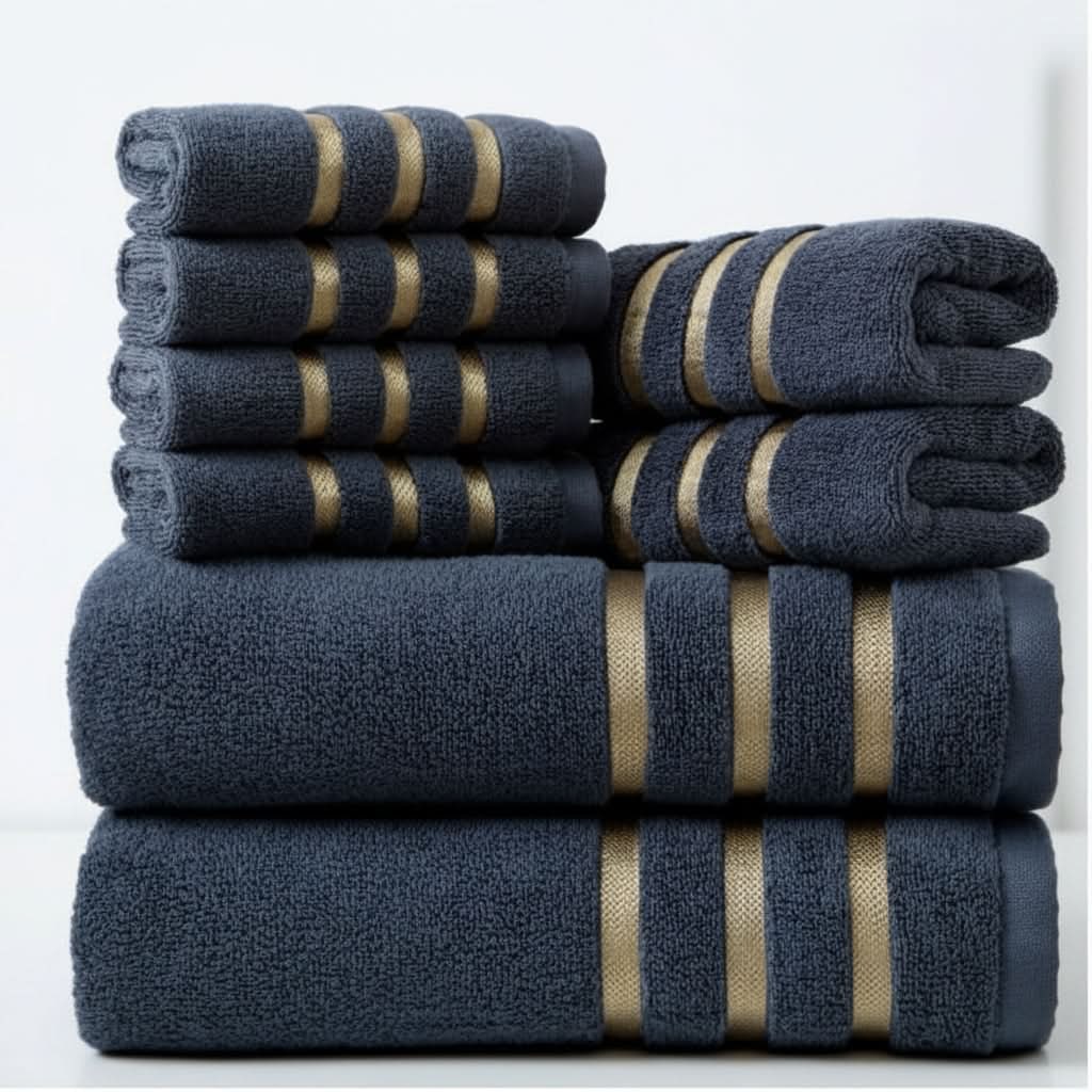 Bath Towel Set with Terry Cloth and Gold Woven Stripes 8-Piece - Image 6