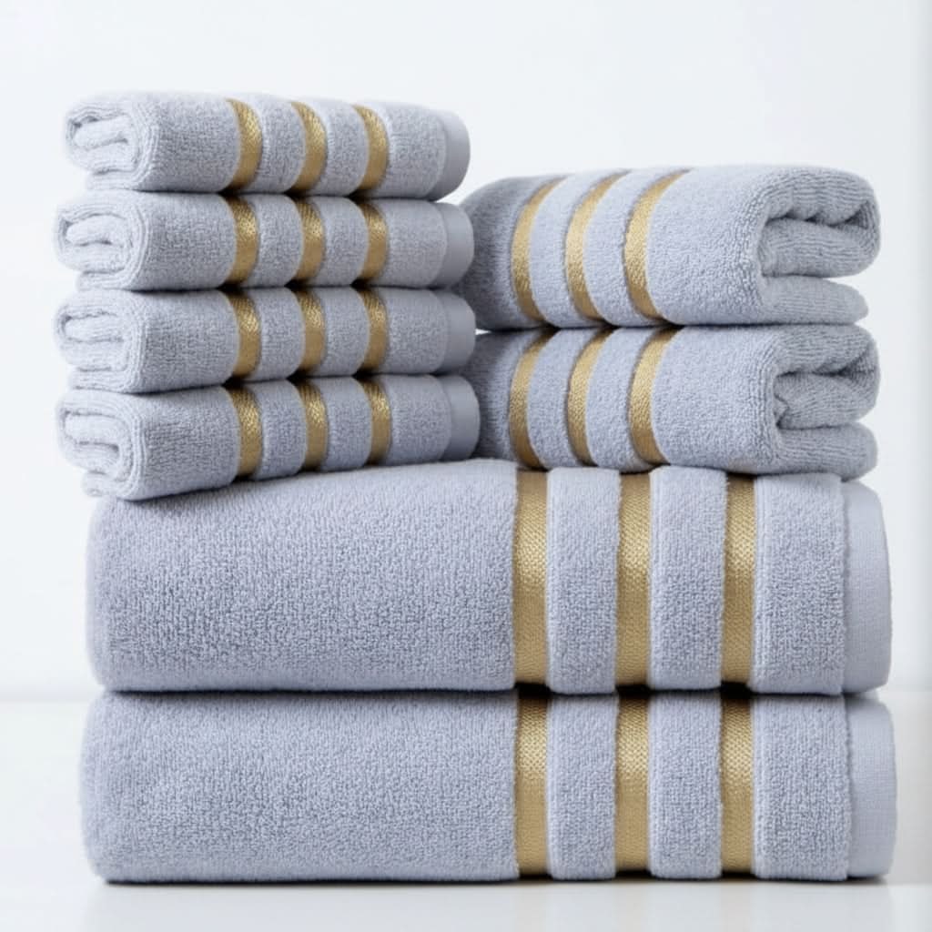 Bath Towel Set with Terry Cloth and Gold Woven Stripes 8-Piece - Image 9