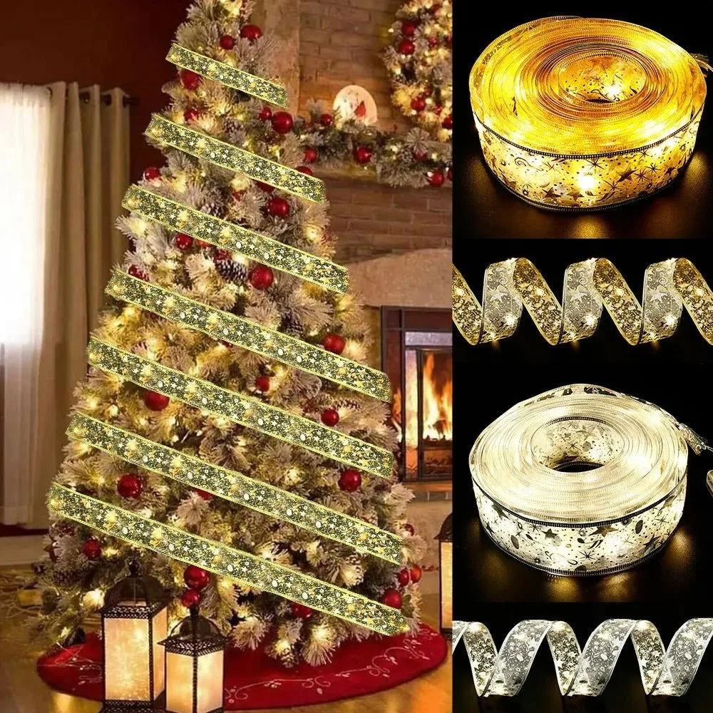 Battery-Operated Christmas Ribbon Bows with LED Fairy Lights and Wired Edges for Tree Decoration - Image 1