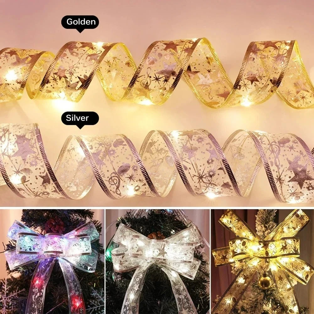 Battery-Operated Christmas Ribbon Bows with LED Fairy Lights and Wired Edges for Tree Decoration - Image 3