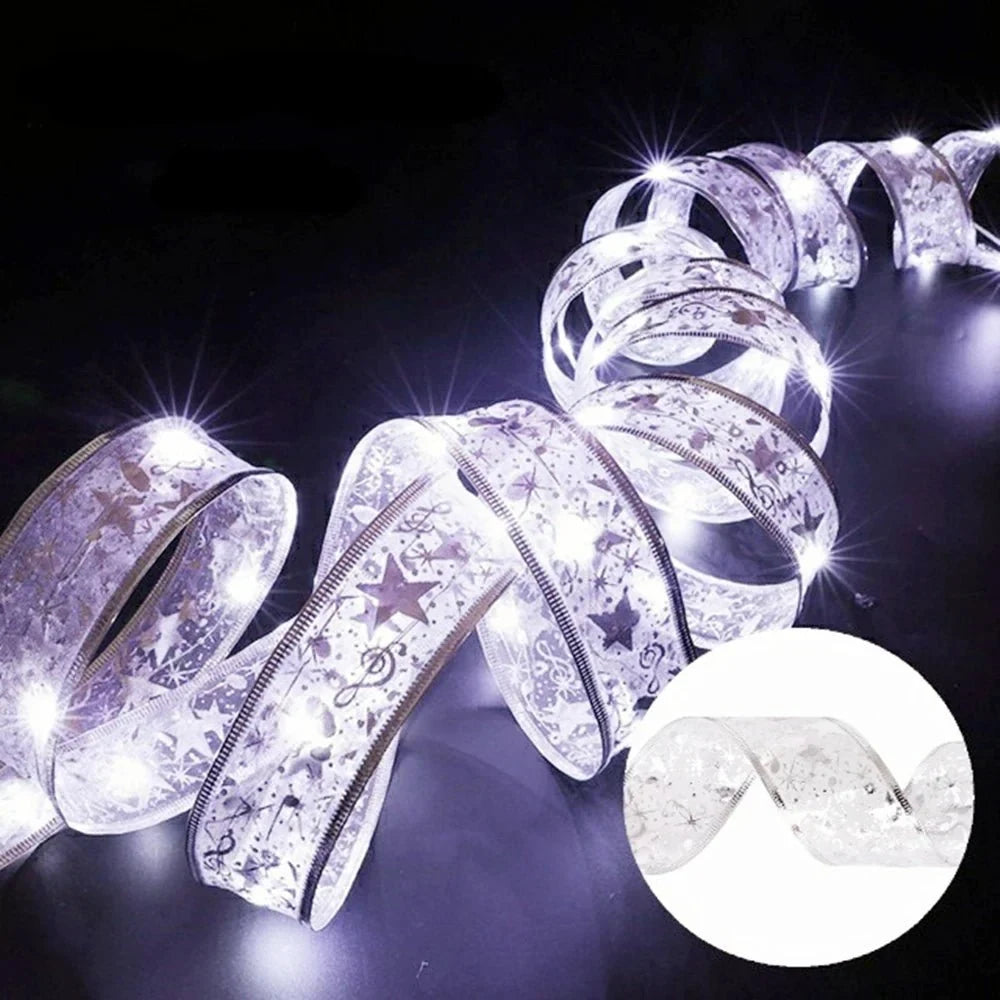 Battery-Operated Christmas Ribbon Bows with LED Fairy Lights and Wired Edges for Tree Decoration - Image 6