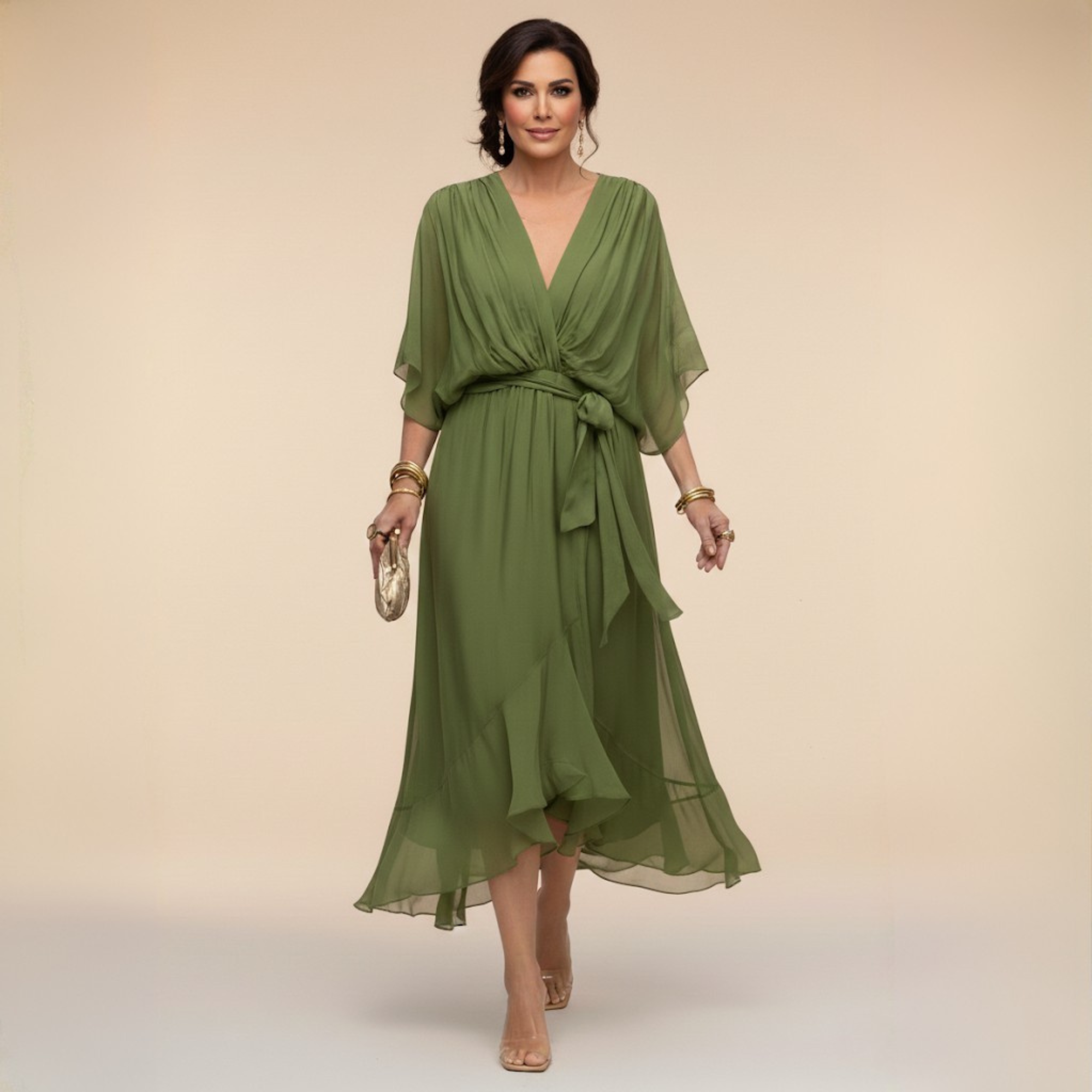 Beatrice | Abito in Chiffon Donna Scollo V Midi Verde