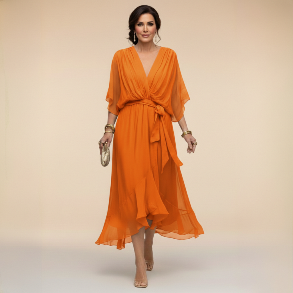 Beatrice | Abito in Chiffon Donna Scollo V Midi Arancione