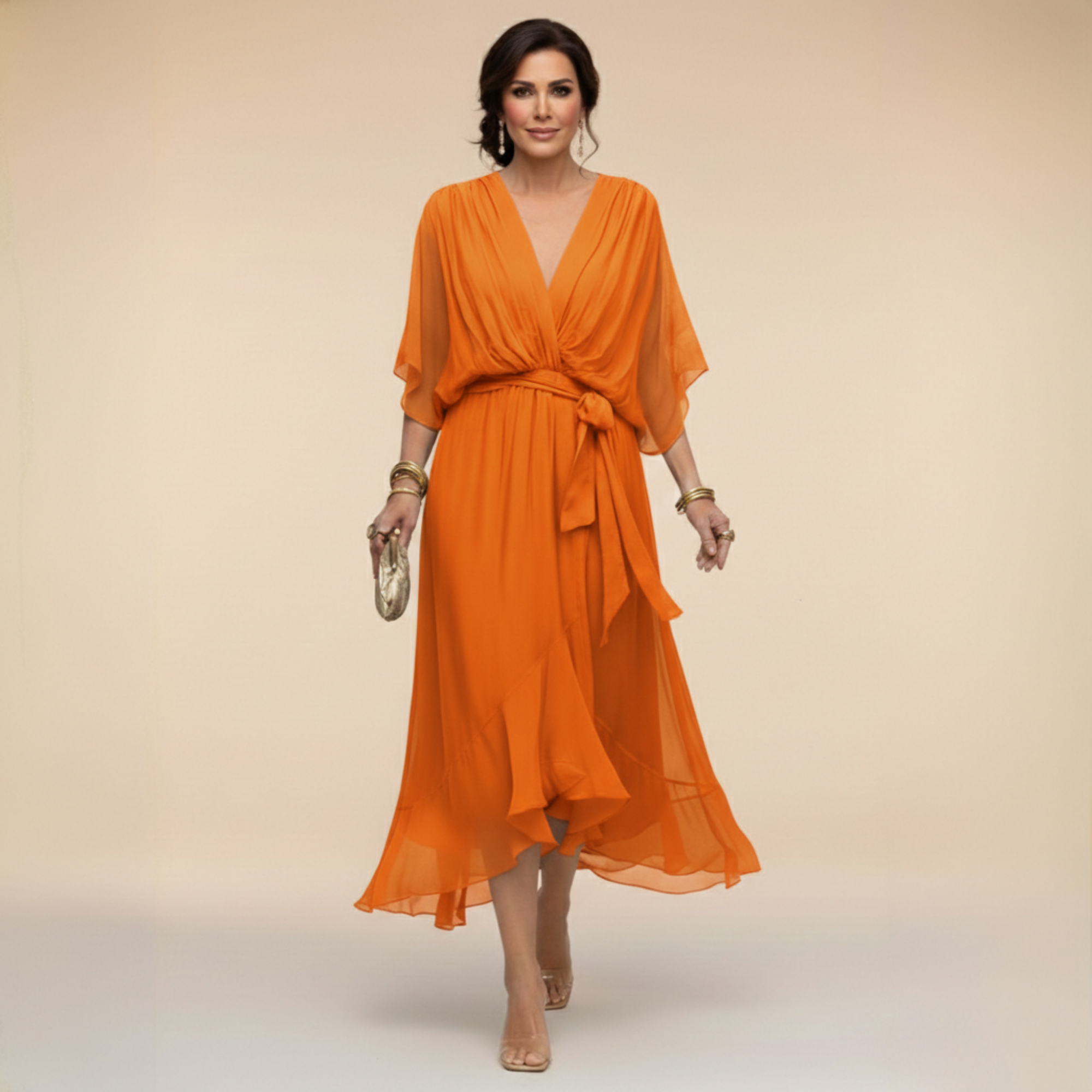 Beatrice | Abito in Chiffon Donna Scollo V Midi Arancione