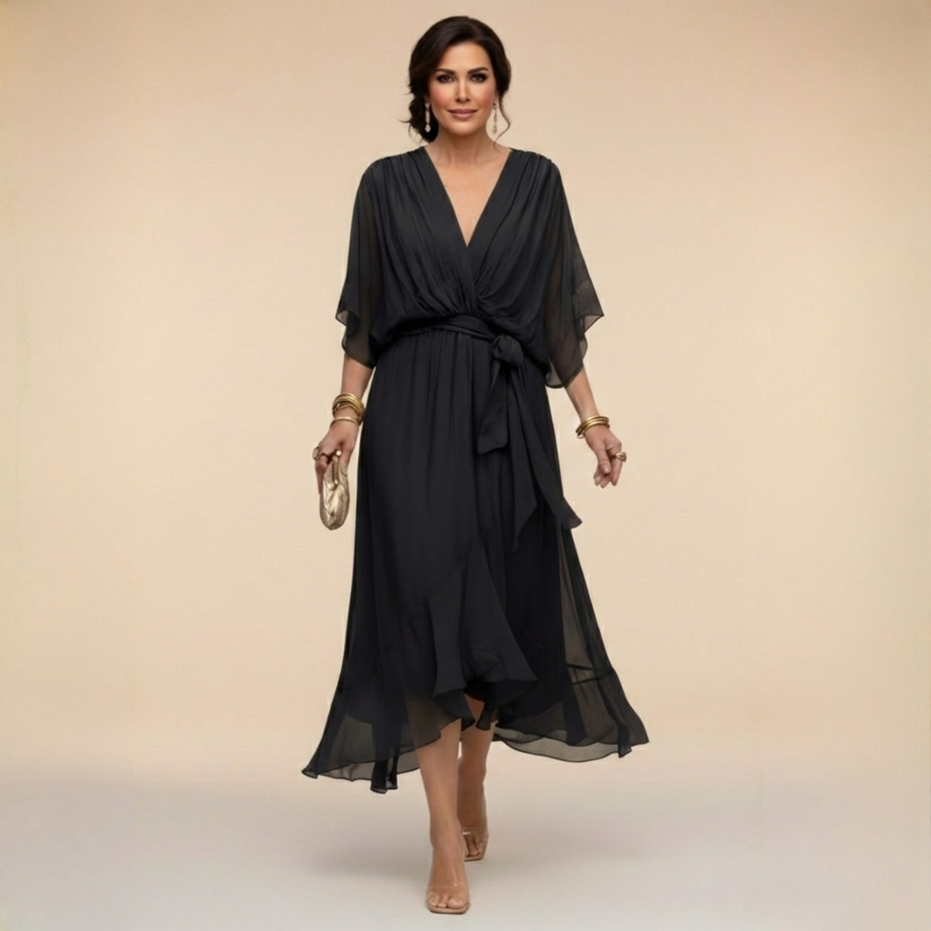 Beatrice | Abito in Chiffon Donna Scollo V Midi Nero