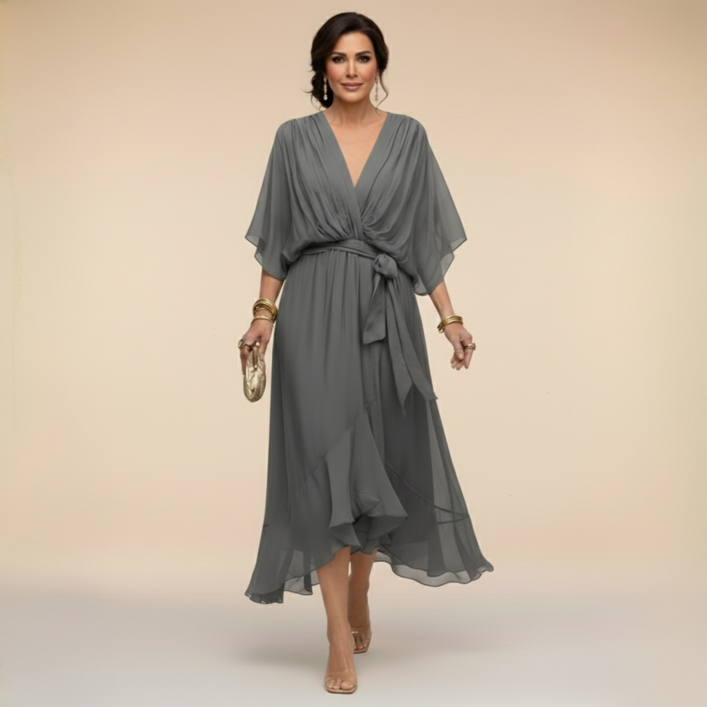 Beatrice | Abito in Chiffon Donna Scollo V Midi Grigio