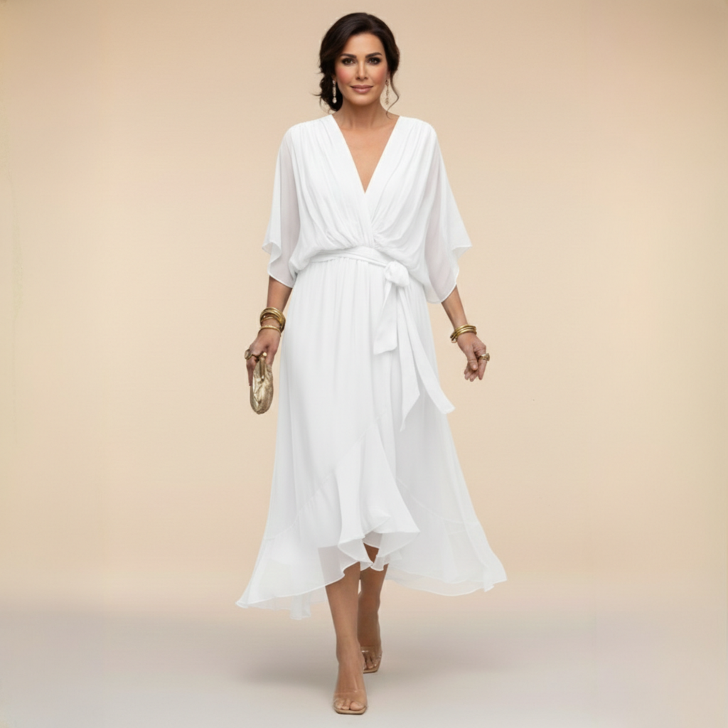 Beatrice | Abito in Chiffon Donna Scollo V Midi Bianco