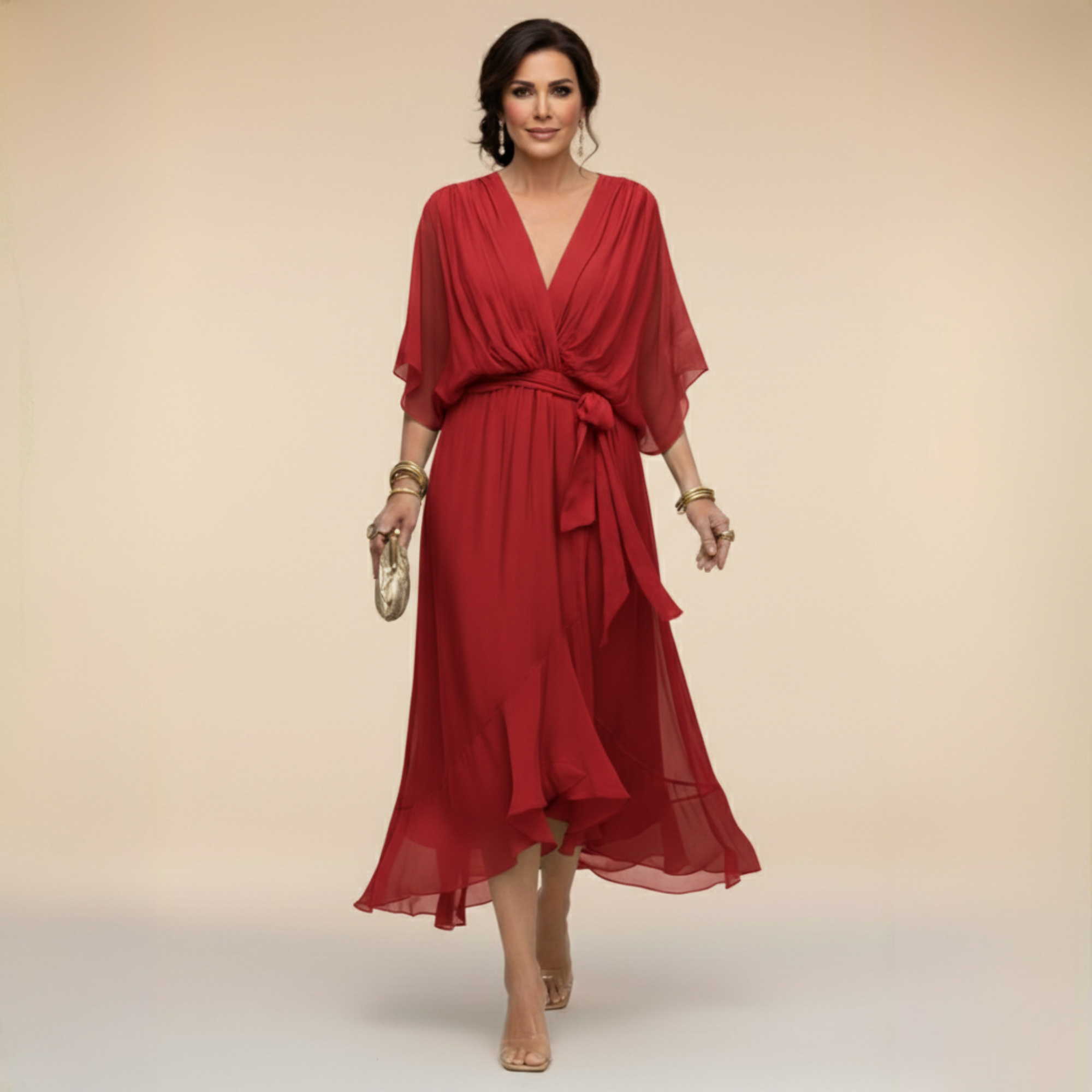 Beatrice | Abito in Chiffon Donna Scollo V Midi Rosso