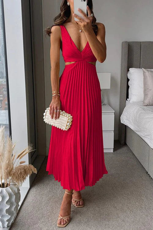 Beatrice | Abito Midi Plissettato Scollatura V Rosso