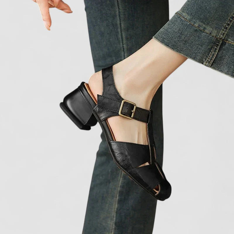 Beatrice | Donna Sandali in Pelle Tacco Basso Vintage Nero