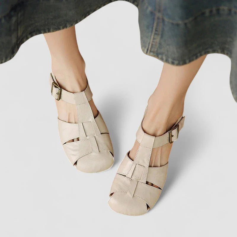 Beatrice | Donna Sandali in Pelle Tacco Basso Vintage Beige