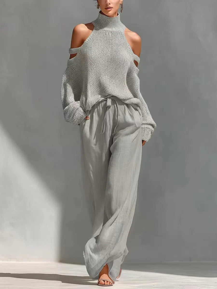 Beatrice | Set Donna Maglia Spalle Scoperte e Pantalone Grigio