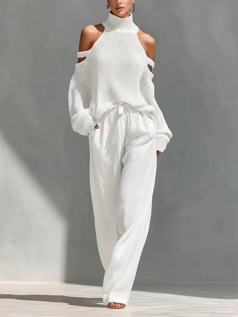 Beatrice | Set Donna Maglia Spalle Scoperte e Pantalone Bianco