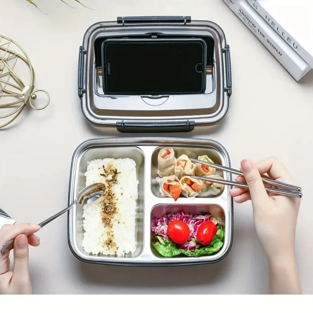 Bento Lunch Box with Stainless Steel Compartments and Airtight Lid with Phone Stand - Image 1