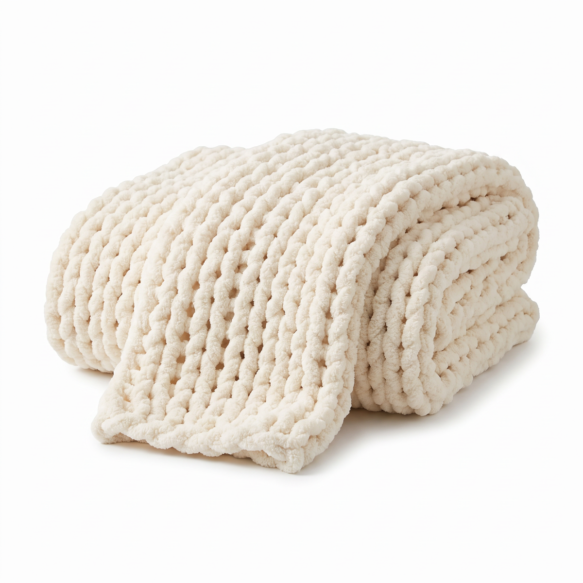 Cream chunky-knit chenille throw blanket on a white background