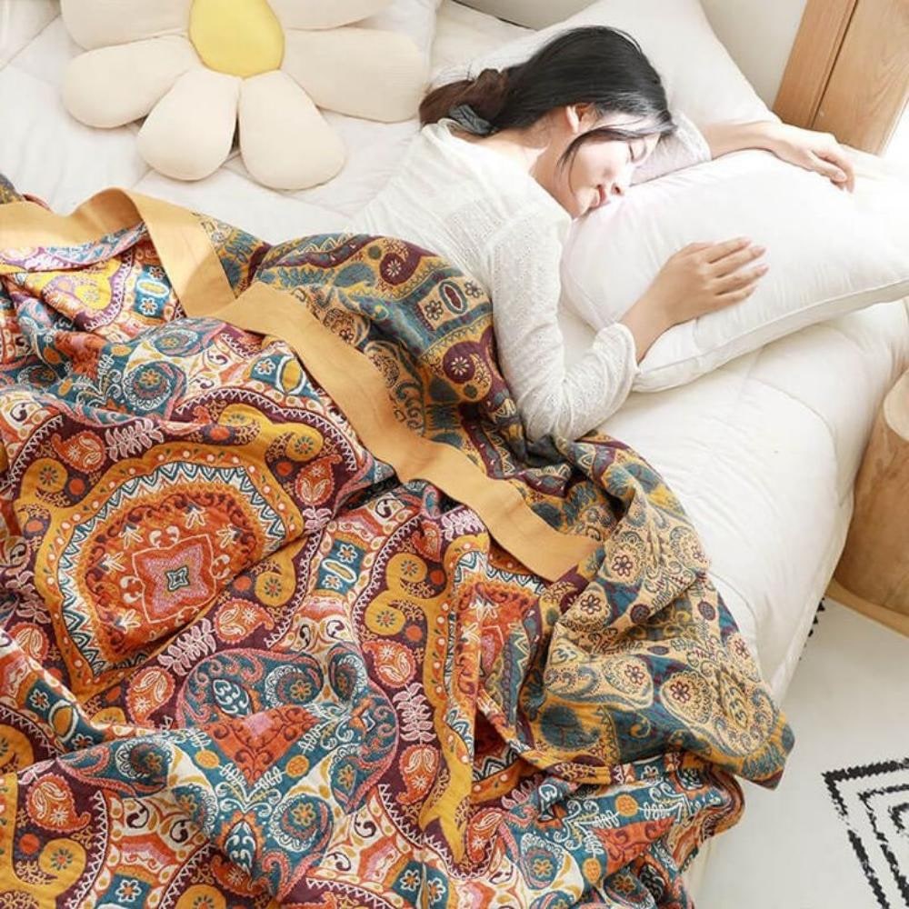 Boho Throw Blanket Lightweight Cotton with Mandala Pattern and Soft Draping Design - Image 3