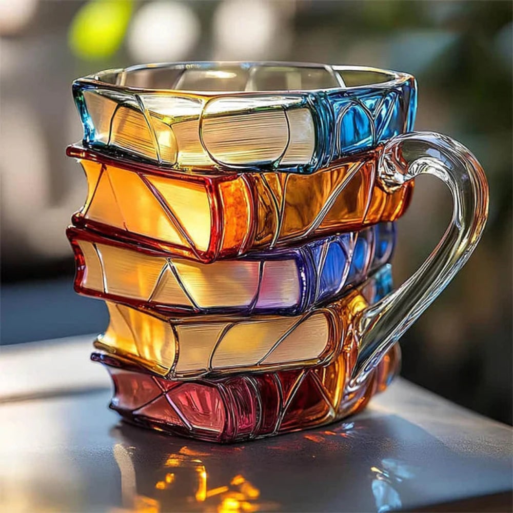 Borosilicate Glass Book Mug with Stacked Design and Textured Pages 350ml - Image 1